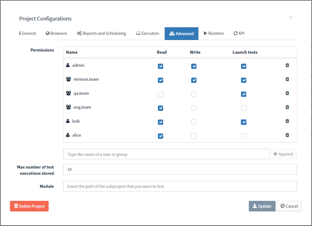 project permissions appended