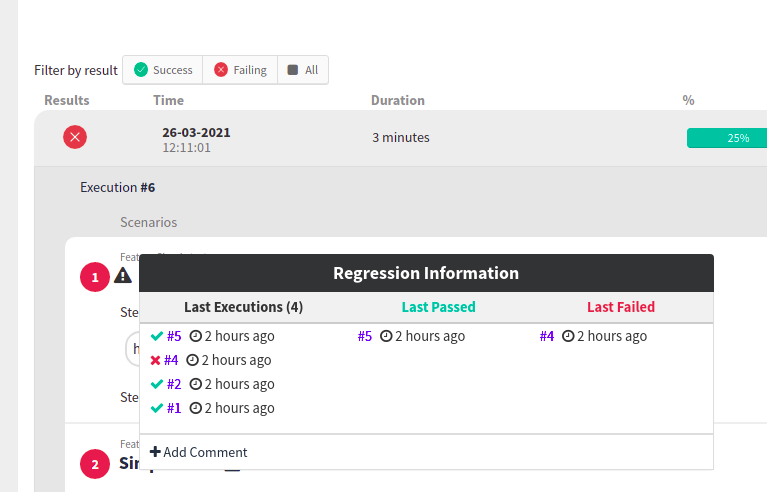 regressions widget execution page