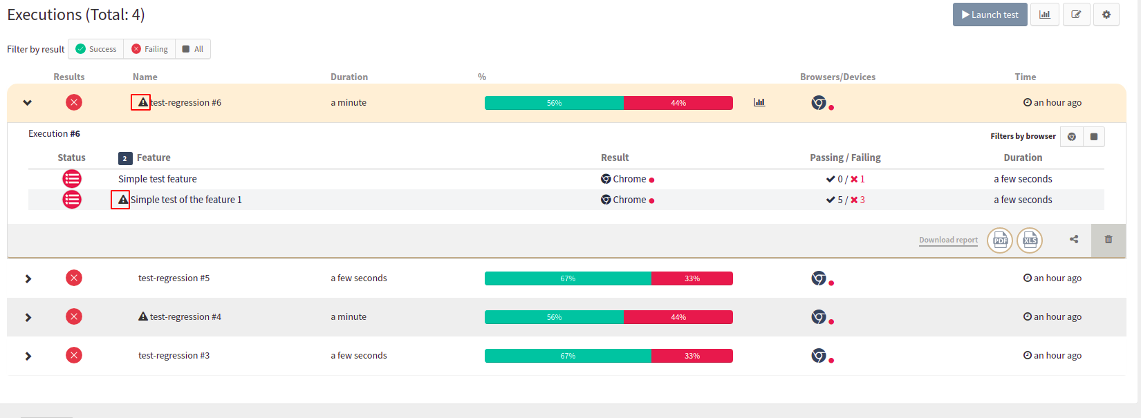 regressions warning execution page