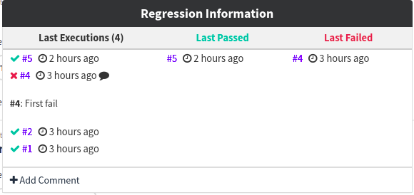 regressions widget execution page with comment