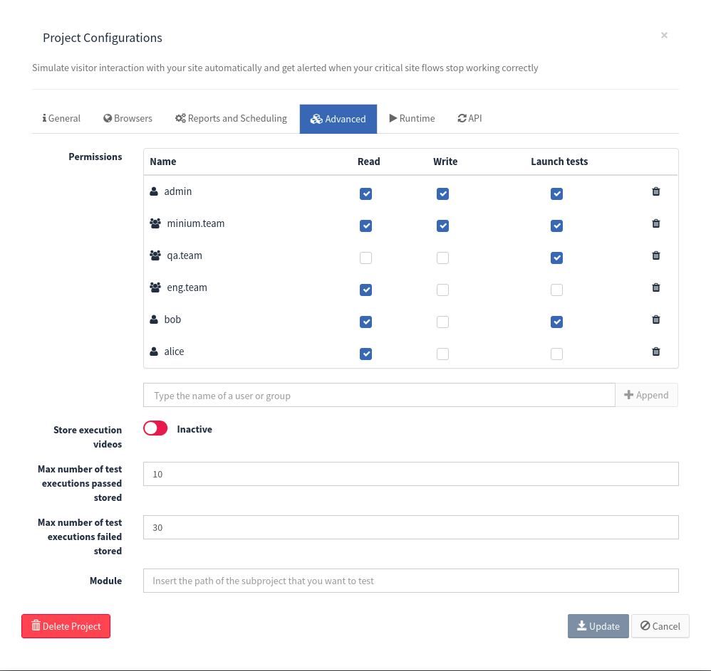 project permissions appended