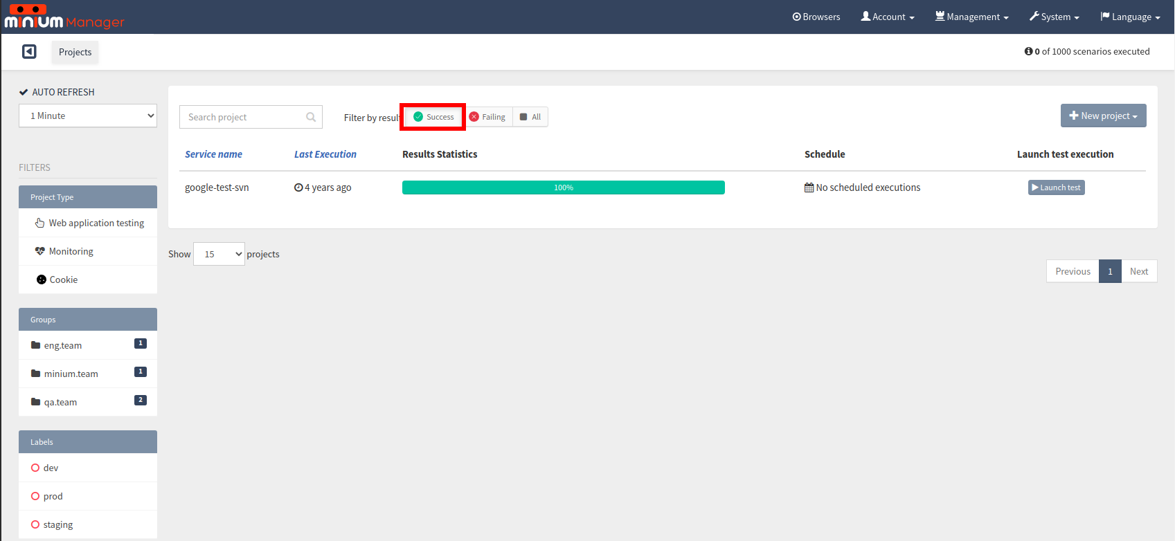 project filter result passed