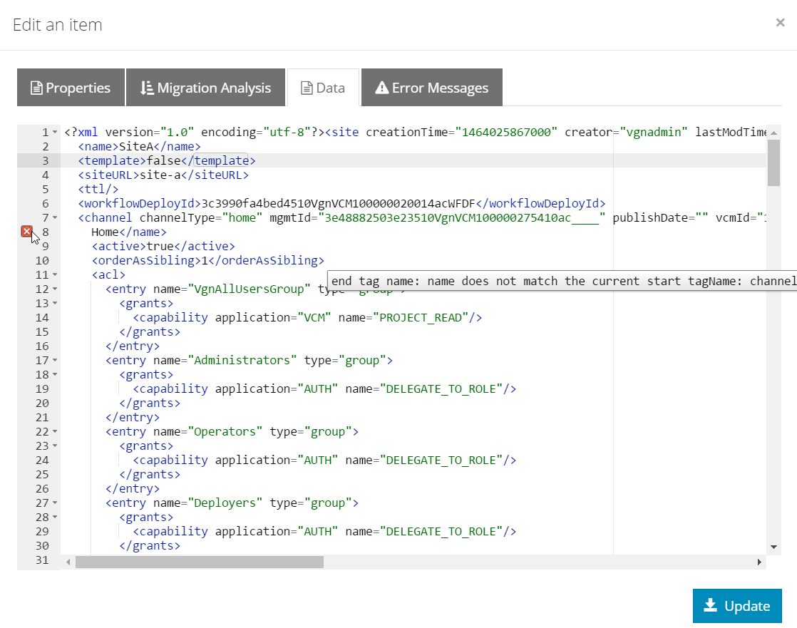 item data xml with error