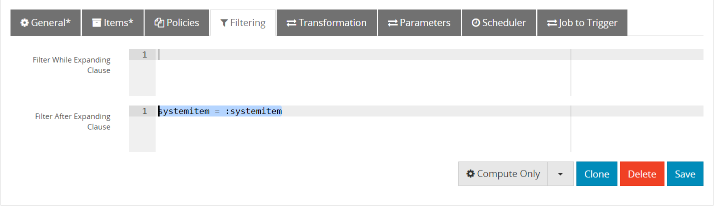 new job parameters use filtering tab