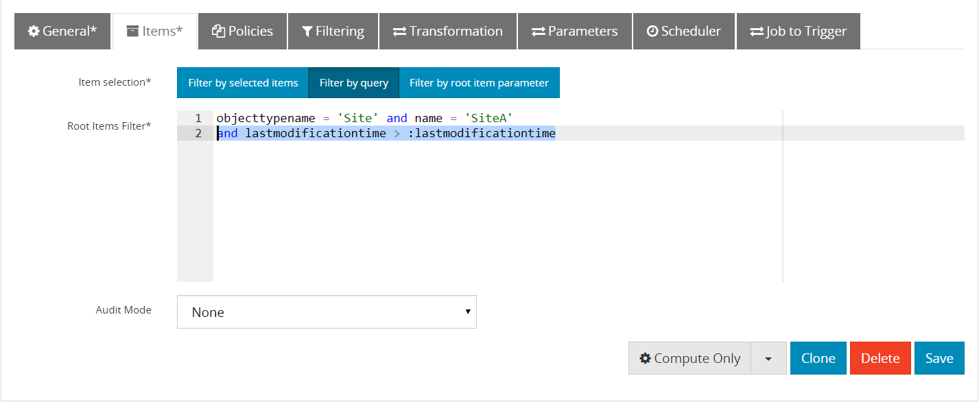 new job parameters use items tab